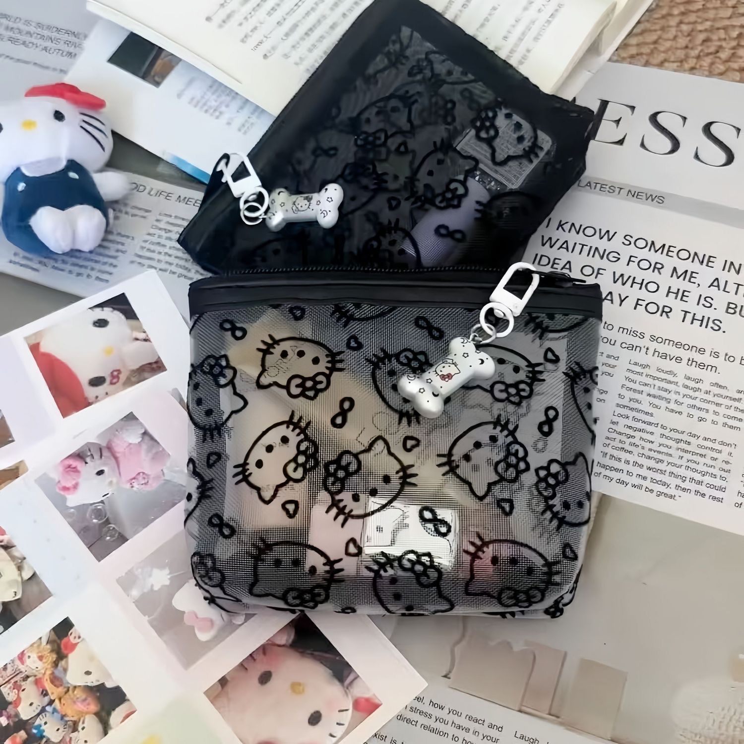 Beauty Makeup Fashion - 透明メッシュハローキティ小銭入れ漫画風ファッショナブルでシンプルなポータブル化粧バッグヘッドフォン収納バッグホリデーギフト