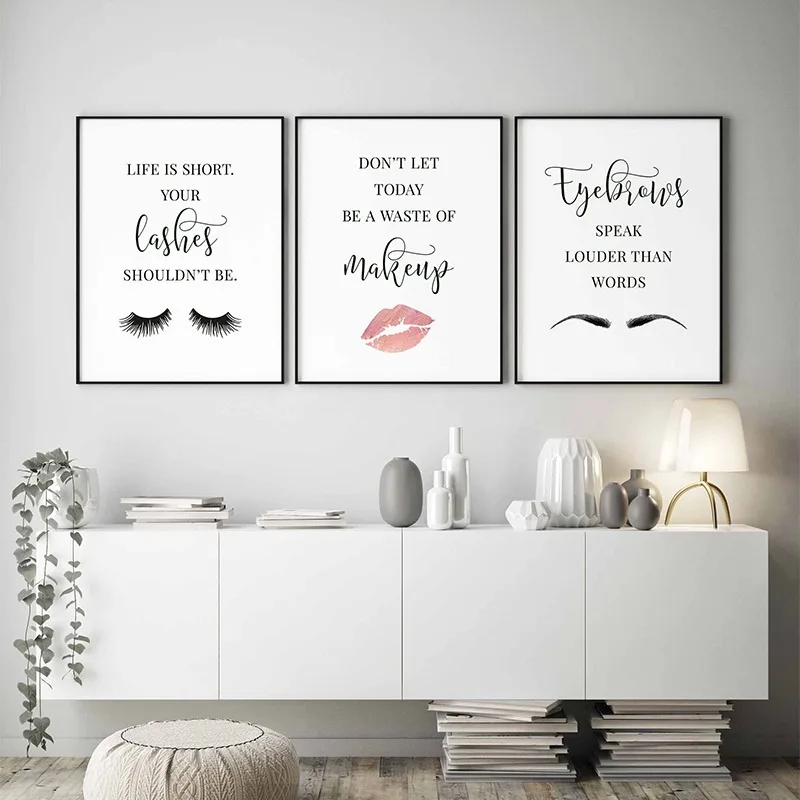 Makeup Is Beauty Quotes - メイクアップ引用ポスターまつげ眉毛口紅輪郭唇キャンバス絵画プリント美容サロン家の装飾