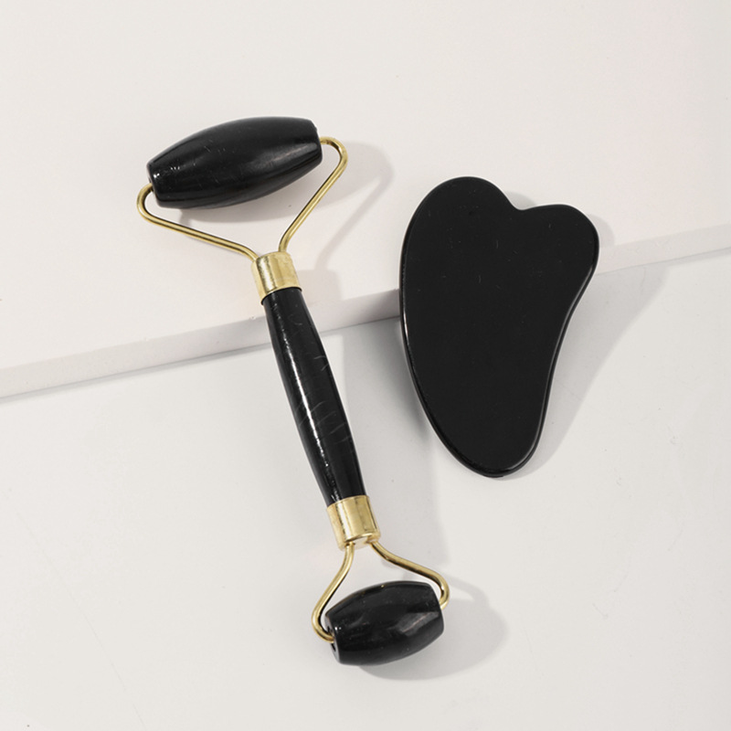 Jade Roller Gua Sha - 天然翡翠フェイスローラー グアシャ スクレーパーセット マッサージャー 顔 首