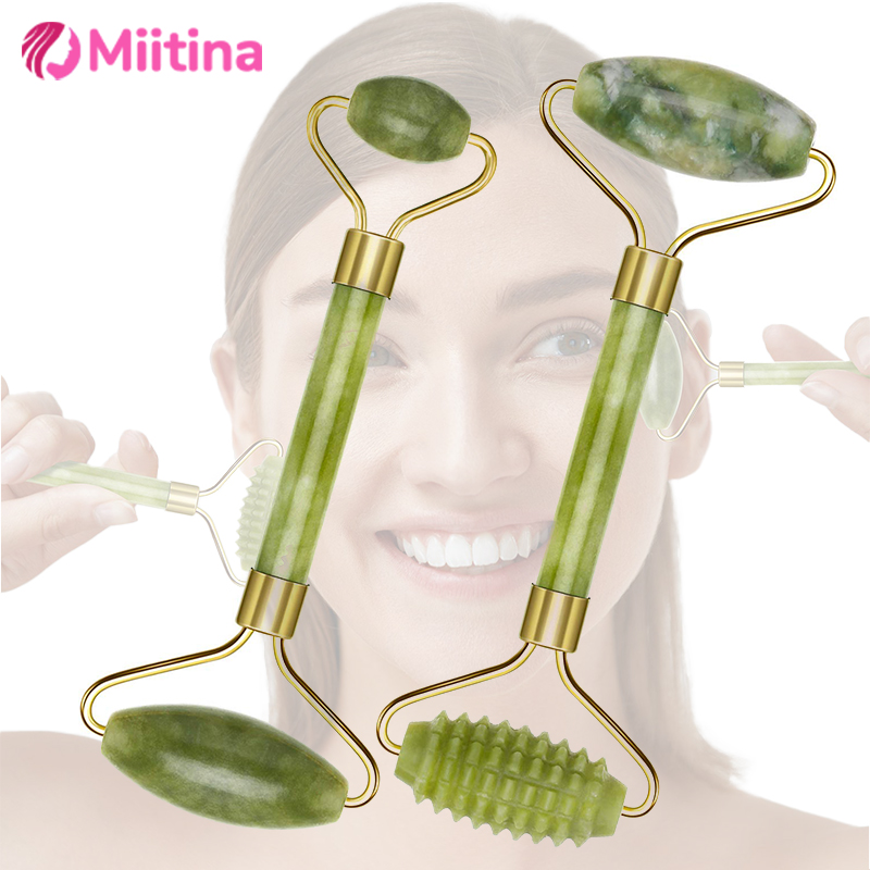 Jade Roller Gua Sha - 天然翡翠ローラー美顔器 グアシャ マッサージ フェイスローラー リフトアップ しわ対策