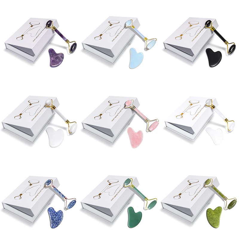 Jade Roller Gua Sha - ローズクォーツ天然翡翠ローラーマッサージャーグアシャセット黒曜石アメジストグアッシュスクレーパーフェイシャルリフティングマッサージツールギフトボックス付き