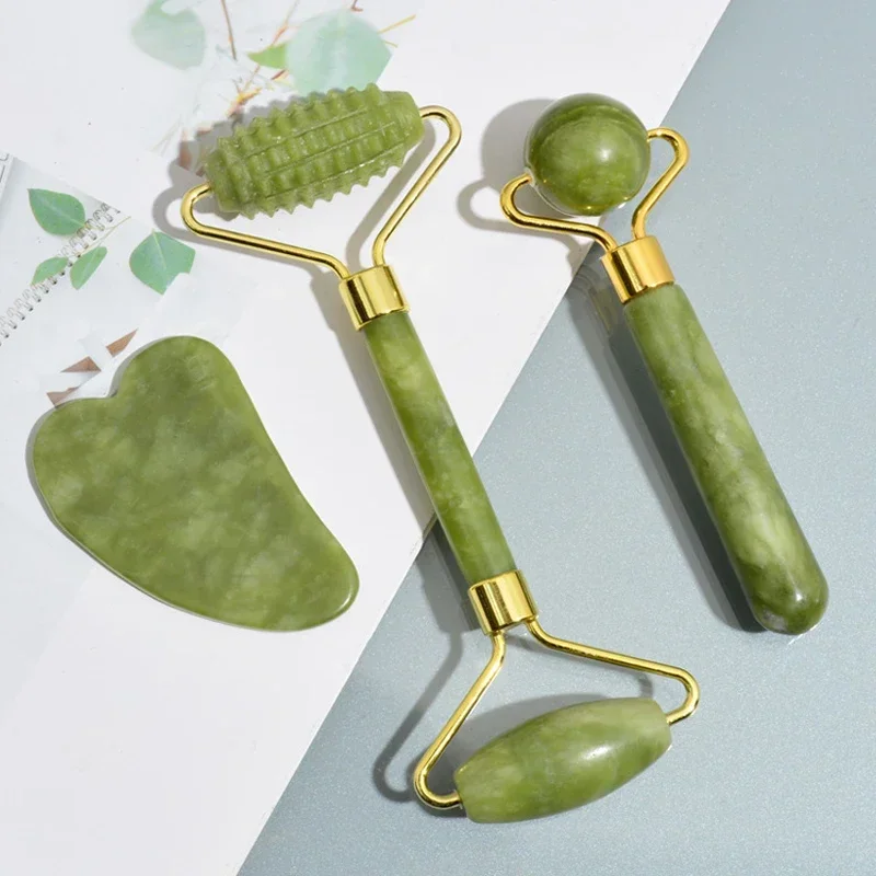 Jade Roller Gua Sha - 天然翡翠ローラーフェイスグアシャ天然石ボディネックマッサージャー経穴アイケアスパマッサージツールマッサージ顔リフティング