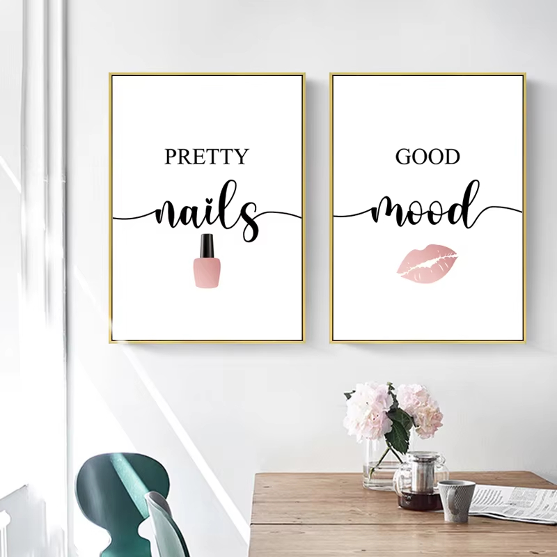 北欧ピンク女性赤い唇マニキュア引用メイクポスター油絵壁アート - Makeup Is Beauty Quotes のレビューと価格